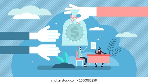 Lending money vector illustration. Flat tiny financial debt persons concept. Economical crisis help with credit and payroll in advance. Debt payment business and crisis situation management contract.