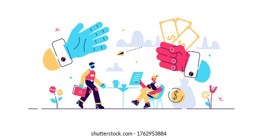 Lending money vector illustration. Flat tiny financial debt persons concept. Economical crisis help with credit and payroll in advance. Debt payment business and crisis situation management contract.