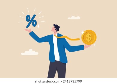 Lending, mortgage or loan interest rate, financial credit, economy growth or income tax calculation, debt or financial credit, investment concept, businessman holding dollar money coin and percentage.