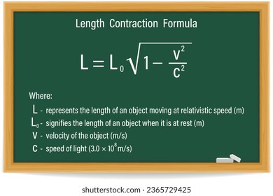 Length Contraction Formula on a green chalkboard. Education. Science. Formula. Vector illustration.