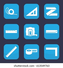 Length icon. set of 9 filled length icons such as ruler, triangle ruler, measure tape, tape, measuring tape