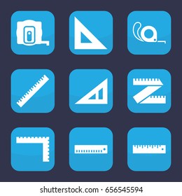 Length icon. set of 9 filled length icons such as ruler, triangle ruler, measure tape, tape