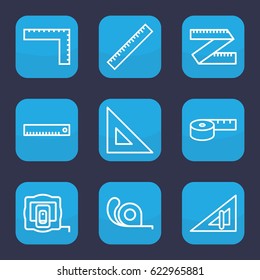 Length icon. set of 9 outline length icons such as ruler, triangle ruler, measure tape, tape, measuring tape
