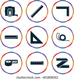 length icons set. Set of 9 length filled icons such as ruler, measure tape, tape, measuring tape