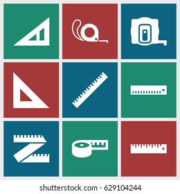 Length icons set. set of 9 length filled icons such as ruler, triangle ruler, measure tape, tape, measuring tape