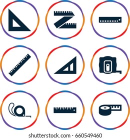 Length icons set. set of 9 length filled icons such as ruler, triangle ruler, measure tape, tape, measuring tape
