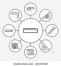 Length icons set. set of 9 length outline icons such as ruler, triangle ruler, measure tape, measuring tape