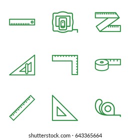 Length icons set. set of 9 length outline icons such as ruler, triangle ruler, measure tape, tape, measuring tape