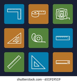 Length icons set. set of 9 length outline icons such as ruler, triangle ruler, measure tape, tape