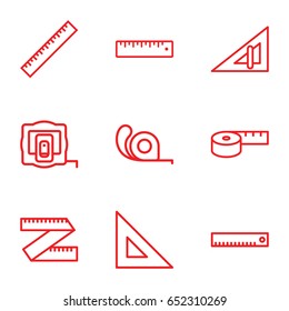 Length icons set. set of 9 length outline icons such as ruler, triangle ruler, measure tape, tape, measuring tape