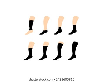Length of sock on foot icon set. Flat and silhouette style. Vector icons