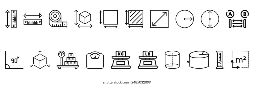 Length, weight and volume line icons. Contains such icons as ruler, m2, area and more. Length, weight and volume editable vector stroke. Isolated on transparent background. 