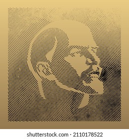 Lenin face Russian revolutionary communist leader sketch engraving vector illustration. T-shirt apparel gold print design. Scratch board imitation. Black and white hand drawn image.