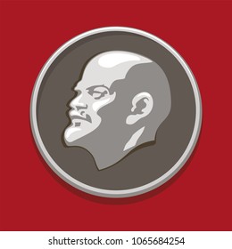 Lenin profile, head, circle portrait on red background, badge, medal, illustration, vector
