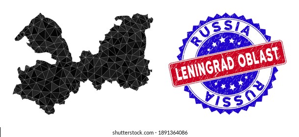 Leningrad Oblast Karte polygonale Masche mit gefüllten Dreiecken, und Grunge Bicolor Robbe. Dreieck-Mosaik Leningrad Oblast Karte mit Maschenvektormodell, Dreiecke haben unterschiedliche Größen und Positionen,