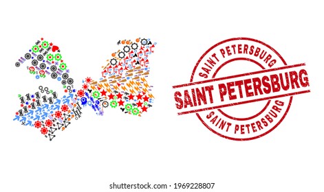 Leningrad Region map mosaic and grunge Saint Petersburg red round stamp imitation. Saint Petersburg stamp uses vector lines and arcs. Leningrad Region map mosaic includes helmets, houses, wrenches,