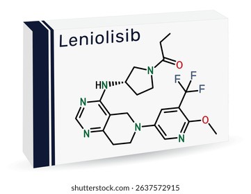 Leniolisib molecule. PI3K delta inhibitor used for treatment of APDS immunodeficiency. Skeletal chemical formula. Paper packaging for drugs. Vector illustration