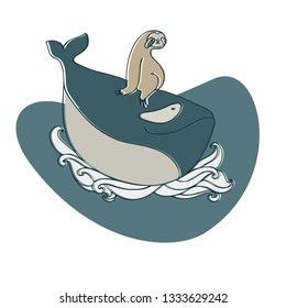 Lenivitz and the whale. Vector design with stylized animals. Can be used for printing on paper, stickers, badges, bijouterie, stickers and t-shirts.