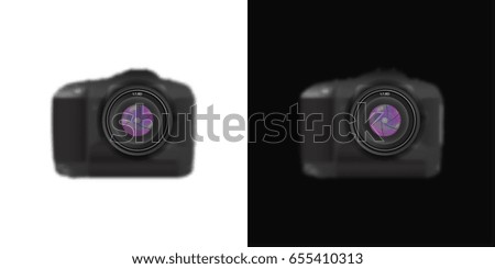 Lens of the camera with a blurred background on black and white isolated objects.