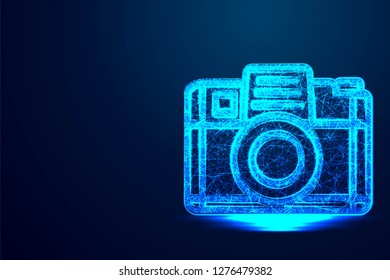 Lens Camera Icon,professional camera isolated on blue. Photo art, video equipment, digital photographing, lens objective concept.   Abstract Low Poly, Wireframe Designs background, Vector Illustration
