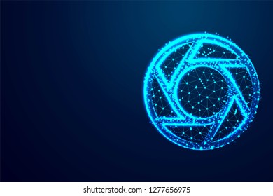 Lens Camera Icon,professional camera isolated on blue. Photo art, video equipment, digital photographing, lens objective concept.   Abstract Low Poly, Wireframe Designs background, Vector Illustration
