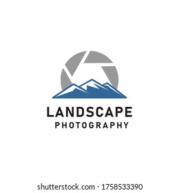 Lens Camera and Landscape Hills / Mountain Peaks for Photography Vector logo design