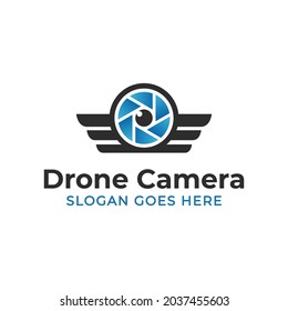 lens camera video with wings symbol for modern drone, photo studio logo design