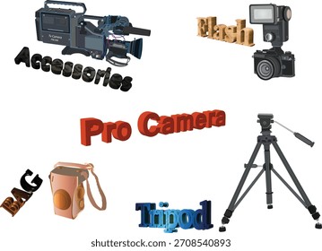Lente, estuche, trípode, cámara y flash
