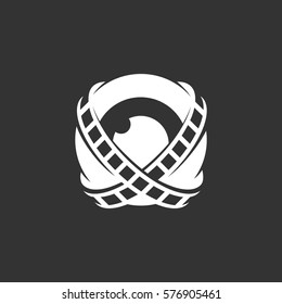 Lens with film logo isolated on black background. Lens with film vector icon. Flat design style. Modern vector pictogram for web graphics - stock vector