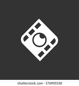 Lens with film logo isolated on black background. Lens with film vector icon. Flat design style. Modern vector pictogram for web graphics - stock vector