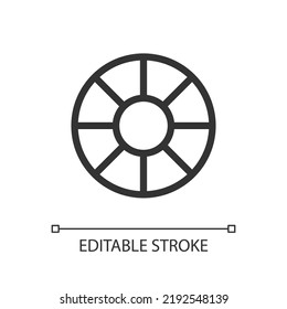 Icono de ui lineal perfecto para el filtro de la lente. Accesorio de vidrio objetivo. Efectos ópticos. GUI, diseño UX. Esquema de elemento de interfaz de usuario aislado para aplicación y web. Trazo editable. Tipo de letra arial utilizado