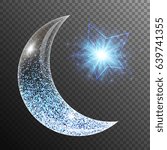 Lens flare background with glowing lights, a crescent moon and star. Ramadan kareem arabic art. 