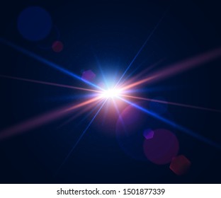 Lens flare of camera. Shining  cinematic effect shooting against the sun. Sparkling light effects of flash with colorful twinkle. Beautiful glare effect with bokeh, glitter particles and rays