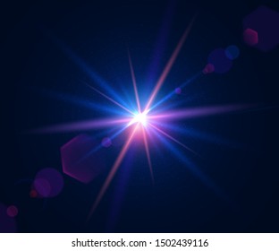 Lens flare of camera. Shining  cinematic effect shooting against the sun. Sparkling light effects of flash with colorful twinkle. Beautiful glare effect with bokeh, glitter particles and rays