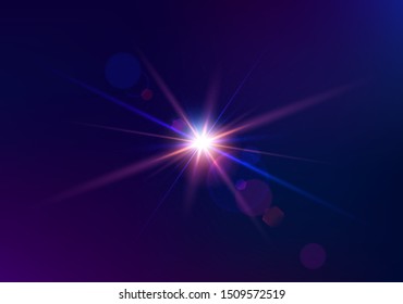 Lens flare of camera. Shining cinematic effect shooting against the sun. Sparkling light effects of flash with colorful twinkle. Beautiful glare effect with bokeh, glitter particles and rays