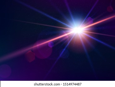 Lens flare of camera. Shining cinematic effect shooting against the sun. Sparkling light effects of flash with colorful twinkle. Beautiful glare effect with bokeh, glitter particles and rays