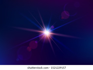 Lens flare of camera. Shining cinematic effect shooting against the sun. Sparkling light effects of flash with colorful twinkle. Beautiful glare effect with bokeh, glitter particles and rays