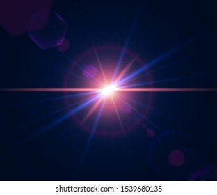 Lens flare of camera. Shining cinematic effect shooting against the sun. Sparkling light effects of flash with colorful twinkle. Beautiful glare effect with bokeh, glitter particles and rays
