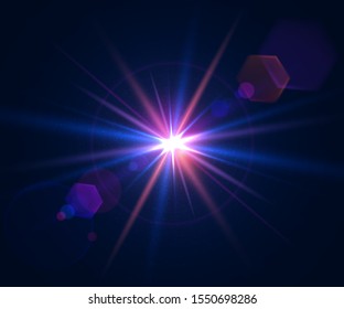 Lens flare of camera. Shining cinematic effect shooting against the sun. Sparkling light effects of flash with colorful twinkle. Beautiful glare effect with bokeh, glitter particles and rays