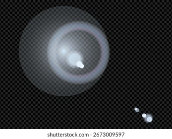 Efeito flare da lente com anéis de luz brilhantes e fundo transparente, criando atmosfera visual sonhadora e etérea