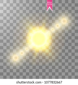 Lens flare effect isolated on transparent background. Golden glow flashlight illustration. Vector lights