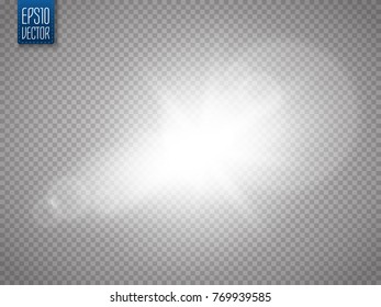 Lens flare effect isolated on transparent background. Glow flashlight illustration. Vector lights.