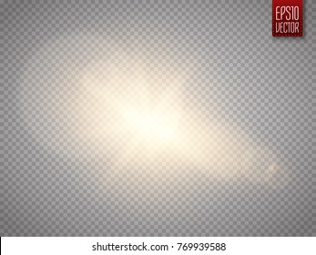 Lens flare effect isolated on transparent background. Golden glow flashlight illustration. Vector lights.