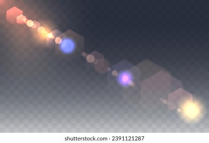 Lens flare effect on a dark transparent background. Vector illustration