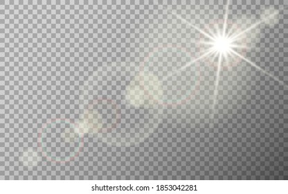Efecto de la bengala en el fondo transparente. Espléndida luz del sol. Brillo brillante con rayos cálidos. El sol con chispas. Sondeos claros y plantilla resaltada. Ilustración vectorial.