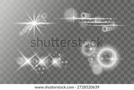 Lens flare effect on a transparent background. Glowing star with bright lines and sparkles. Optical sun flare for overlay. Vector.