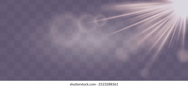 Lens flare effect with radiant light rays isolated on transparent background. Soft glowing circles and bright beams. Graphical patch of reflected light. Abstract rays. Vector illustration.