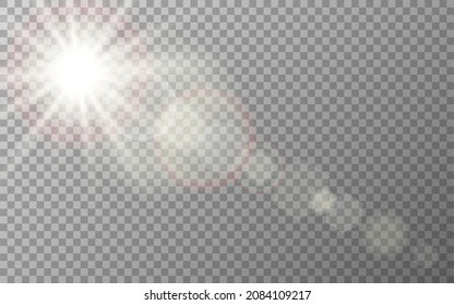 Lens flare effect. Sun glare on transparent backdrop. Light rings and color highlights. Sunlight bright flash with rays. Sunny warm glow. Vector illustration.