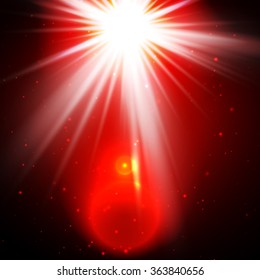 Lens flare. Flash bright spotlight on a dark red background and the rays of glare.
