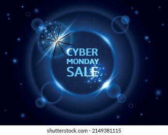 Lens flare frame poster. Realistic sparkling lights with discount text. Cyber Monday sale advertising. Circular glowing effect. Shining flashes. Rays and shimmer